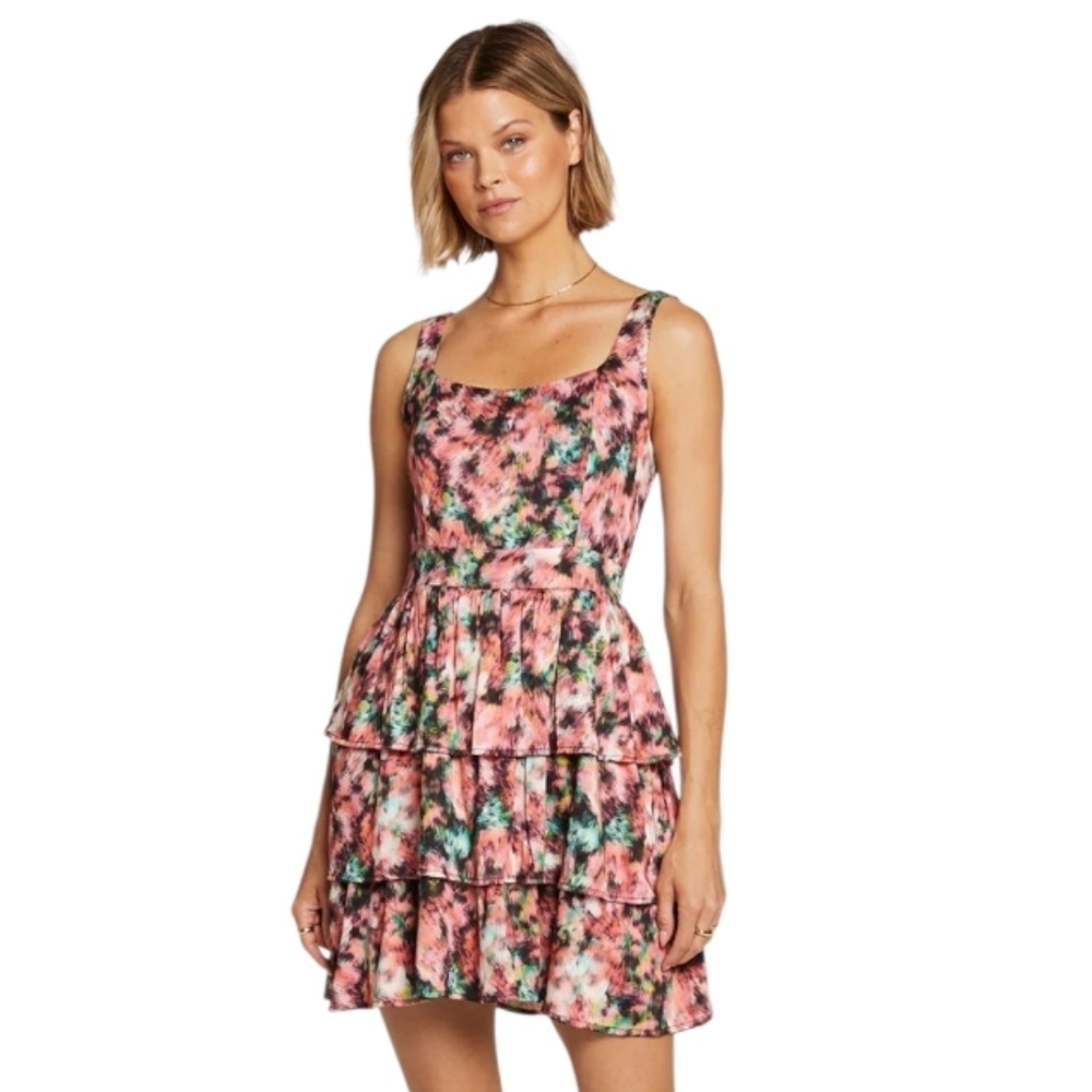 Saltwater Luxe Lana Tank Mini Dress Tiered XL Pink Green Abstract Floral NWT